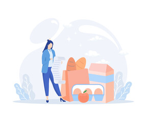 Inflation illustration. Characters buying groceries and luxury goods in supermarket and worries about price increase.Flat vector modern illustration 