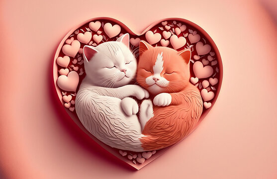Two kittens cuddle in a heart shaped box.