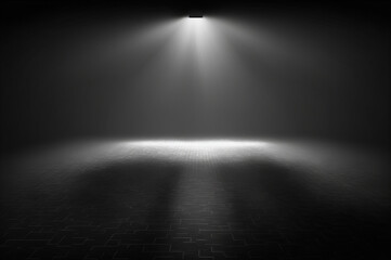 Hanging spotlight shines on the ground in an empty and dark room scene. Generative AI.