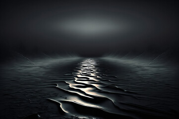 Illuminated floor in the dark of an abstract space. Generative AI.