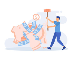 Debt and loan. Characters having financial problems. People calculating long bill, reading urgent letter from collection agency and using savings to pay off debt. Flat vector modern illustration 