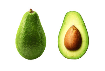 Fresh whole, and sliced avocado isolated on transparent png.