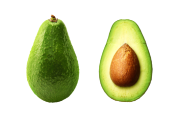 Fresh whole, and sliced avocado isolated on transparent png.