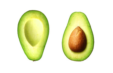 Two slices of avocado isolated on transparent png. - obrazy, fototapety, plakaty