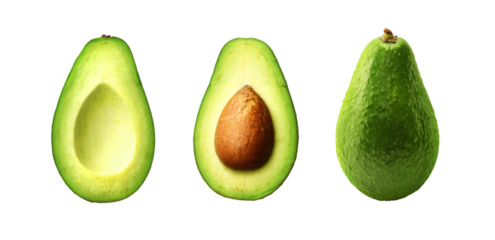Fresh whole, half and sliced avocado isolated on transparent png.