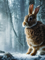 A cute bunny is seated amidst moss in the heart of a forest. Generative AI