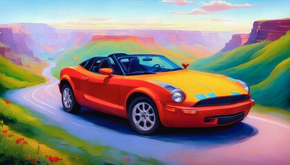 Obraz na płótnie Canvas Colorful, abstract car cruising through a vibrant canyon landscape. Generative AI