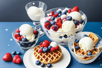 Starry sky background showcases a cup overflowing with fruit-topped ice cream. Generative AI