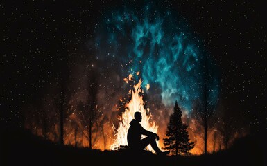 silhouette of a person sitting alone by a bonfire, with the bright flames contrasting against the dark night sky (AI Generated)