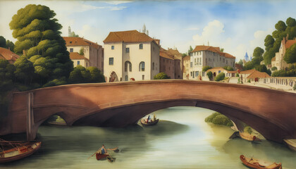 Obraz na płótnie Canvas A beautifully watercolor painting of a stone bridge spanning a river in the heart of city. Intricate details of the cityscape and reflections in the water create a tranquil atmosphere. Generative AI