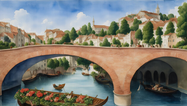 A beautifully watercolor painting of a stone bridge spanning a river in the heart of city. Intricate details of the cityscape and reflections in the water create a tranquil atmosphere. Generative AI