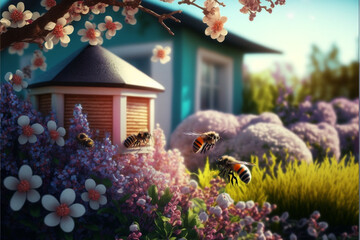 Fototapeta na wymiar A Happy Spring Garden with Visiting Bees ~ Created using Generative AI