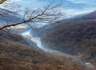 The beginning of the winter period in nature, the morning on the observation deck and the tourist...