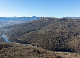 The beginning of the winter period in nature, the morning on the observation deck and the tourist...