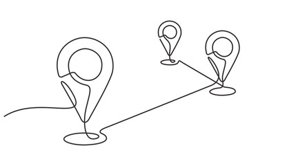 A continuous one line drawing of a google map view in an urban area. route directions and locations. Simple pins on way between two points in thin Linear style. Gps navigation and Travel concept.