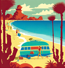 Surfer Beach Banner with Cart  for island vacation poster concept, Generative AI