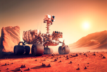Mars rover on a surface of red planet, Space exploration concept - illustration - Generative AI - obrazy, fototapety, plakaty