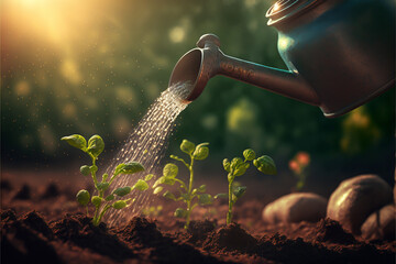A freshly watered bed of sprouts is seen in this image, with a watering can nearby. The sprouts are vibrant and lush, a testament to the importance of providing adequate hydration for plants.