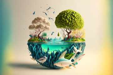 The concept of ecology and water conservation in honor of World Water Day. The importance of preserving natural resources for future generations. Paper art design. - obrazy, fototapety, plakaty