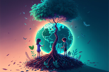 Earth Day is a global event celebrated annually on April 22nd to raise awareness of environmental protection. A young boy standing in front of a globe with Earth Day banners.f Caring for our planet.