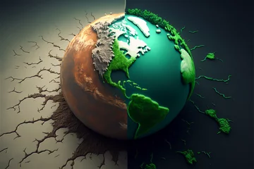 Fotobehang "Cracked Earth vs Green Earth" concept showcases the devastating effects of global warming. A stark contrast between a dried up, cracked earth and a lush green landscape, reduce climate change. © Ruchaneek