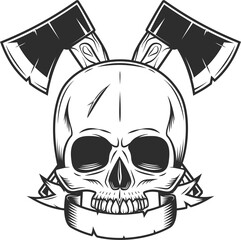 Half skull and crossed metal ax with handle made of wood. Wooden axe construction builder tool. Element for business woodworking or lumberjack emblem or icon with ribbon.