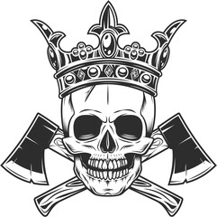 Skull in crown and crossed metal ax with handle made of wood. Wooden axe construction builder tool. Element for business woodworking or lumberjack emblem or icon.