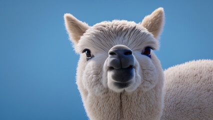 Obraz premium funny alpaca in front of a blue studio background, Generative AI