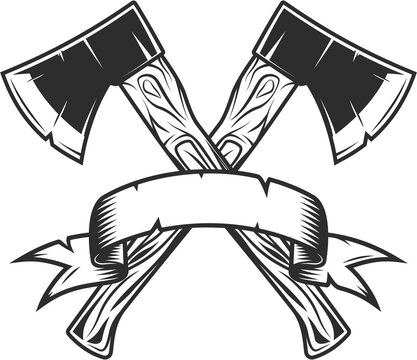Crossed metal ax with handle made of wood and ribbon. Wooden axe construction builder tool. Element for business woodworking or lumberjack emblem or icon.