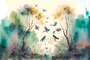 Digital watercolor painting of a forest landscape with birds, butterflies and trees, in bright colors.
