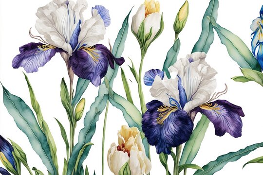 illustration purple iris flower plant. Watercolor . Generative AI