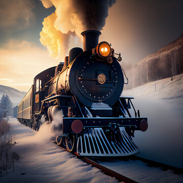 Steam Train in Norway Winterscape, AI