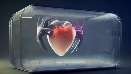 Two creepy alien hands grabbing onto a heart on display inside a glass container