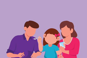 Character flat drawing young family having breakfast together with cereal and milk in restaurant. Daughter feeds her father with love. Happy little family concept. Cartoon design vector illustration