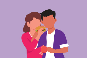 Character flat drawing cute man and woman eating one burger together. Happy couple sharing hamburger. Celebrate wedding anniversaries and having lunch at restaurant. Cartoon design vector illustration