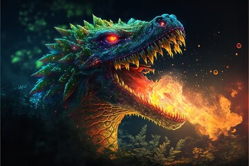 3D rendered Dragon spitting fire. Dragon spitting fire from mouth. Generative Ai.