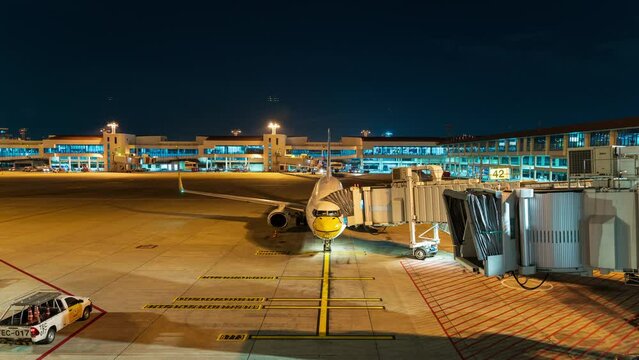 Don Muang Airport,THAILAND JAN 2023 : Time lapse ground staff Preparing the aircraft before flight. Loading of baggage Food for flight services and equipment before boarding at night time, 4K Res..