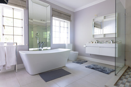 Free standing bath in luxury modern bathroom at home, with copy space