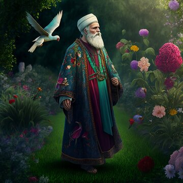 Islamic Famous man face. Sufi saint like Rumi, Hafiz, Khaiyaam, Amir Khusru. Ancient Sufi art. Assence of sufism. Sufi Floral Illustrations.