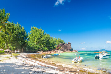 A wild beach neat Giant Tortoise Farm in Laraie Bay on Curieuse island, Seychelles