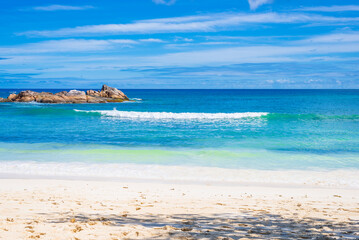 Fototapeta na wymiar Beautiful Petite Anse beach on the Praslin island in Seychelles