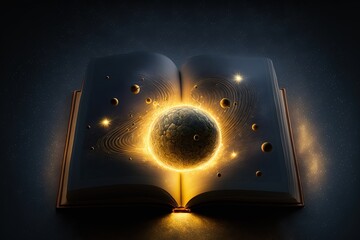 Open book revealing Solar system and universe. Generative AI