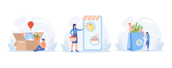 Grocery food illustration. Character buying online fresh organic vegetables and other groceries, paying for an order and receiving delivery. flat vector modern illustration 