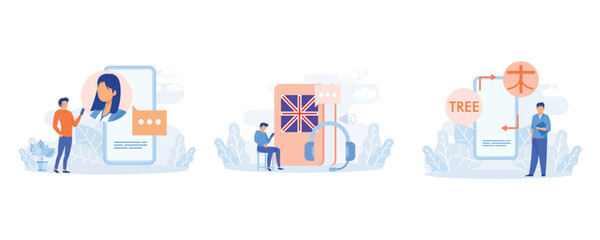 Characters learning English language illustration. . Student studying with smartphone, book and practicing reading, listening and speaking in English. Online education concept. flat vector modern illu