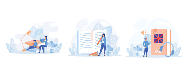 School and preschool lessons subjects illustration. Characters in school classes learning literature, language and foreign language with books. Education concept. flat vector modern illustration © Alwie99d