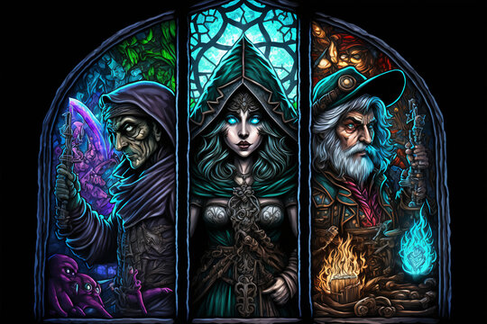 Geheimnisvolle Hexe zwischen dunklem Magier und altem Zauberer im Buntglasstil