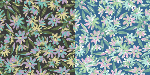 SEAMLESS GRUNGE DISTRESSED HAND PAINTED FLORAL PATTERN SWATCHES
