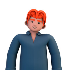 3D ILLUSTRATION RENDERING. PORTRAIT SMILLING MAN CUTE CARTOON CHARACTER YOUNG MALE MODEL STANDING ON ISOLATED WHITE BACKGROUND. MINIMAL SOCIAL MEDIA AVATAR PEOPLE PROFILE PICTURE DESIGN. 