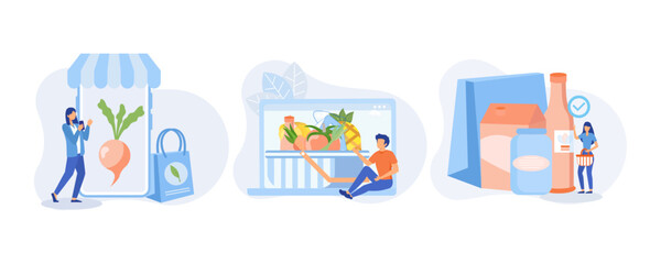 Fototapeta premium Grocery food shopping illustration. Character buying online on laptop and smartphone fresh organic vegetables and grocery items. flat vector modern illustration
