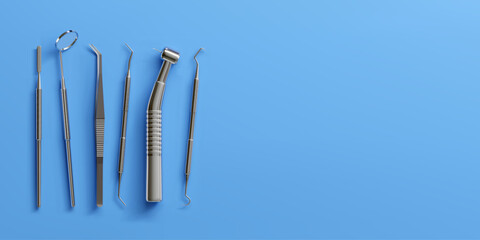3d realistic professional dental tools set for dentistry inspection. Teeth care, health concept. Basic metal medical equipment, instrument top view. Vector illustration isolated on blue background
